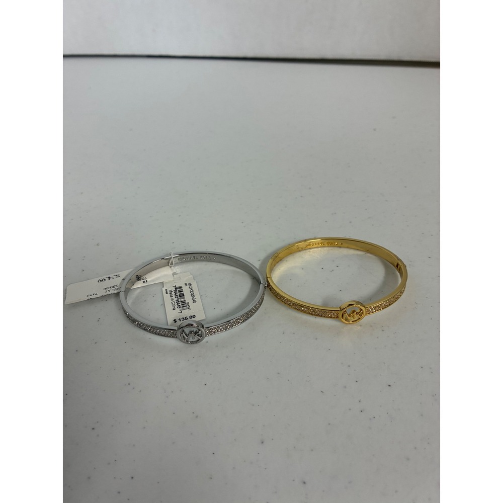 Michael Kors MK Logo Pave Crystal Bangle Bracelet Set Gold Silver Tone 2pc